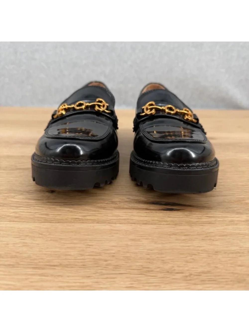 Circus Sam Edelman Ella Lug Sole Loafer Shoe Size 10 Black Patent Gold Platform